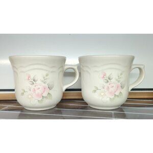 2 Pfaltzgraff Tea Rose Flat Coffee Mugs Tea Cups Made In USA cottage pink flower